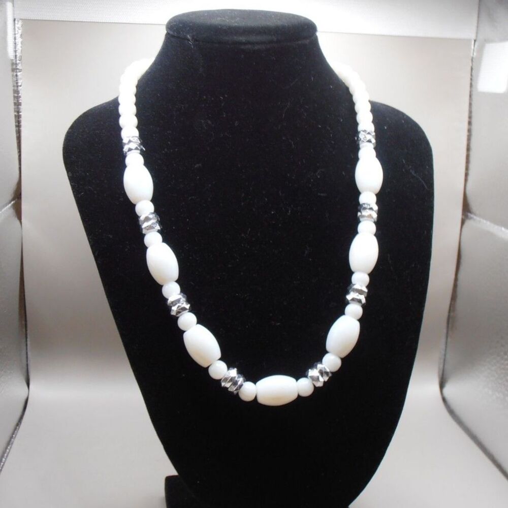 White Milk Glass Beaded Choker Necklace w/ Silver Tone Accent Beads